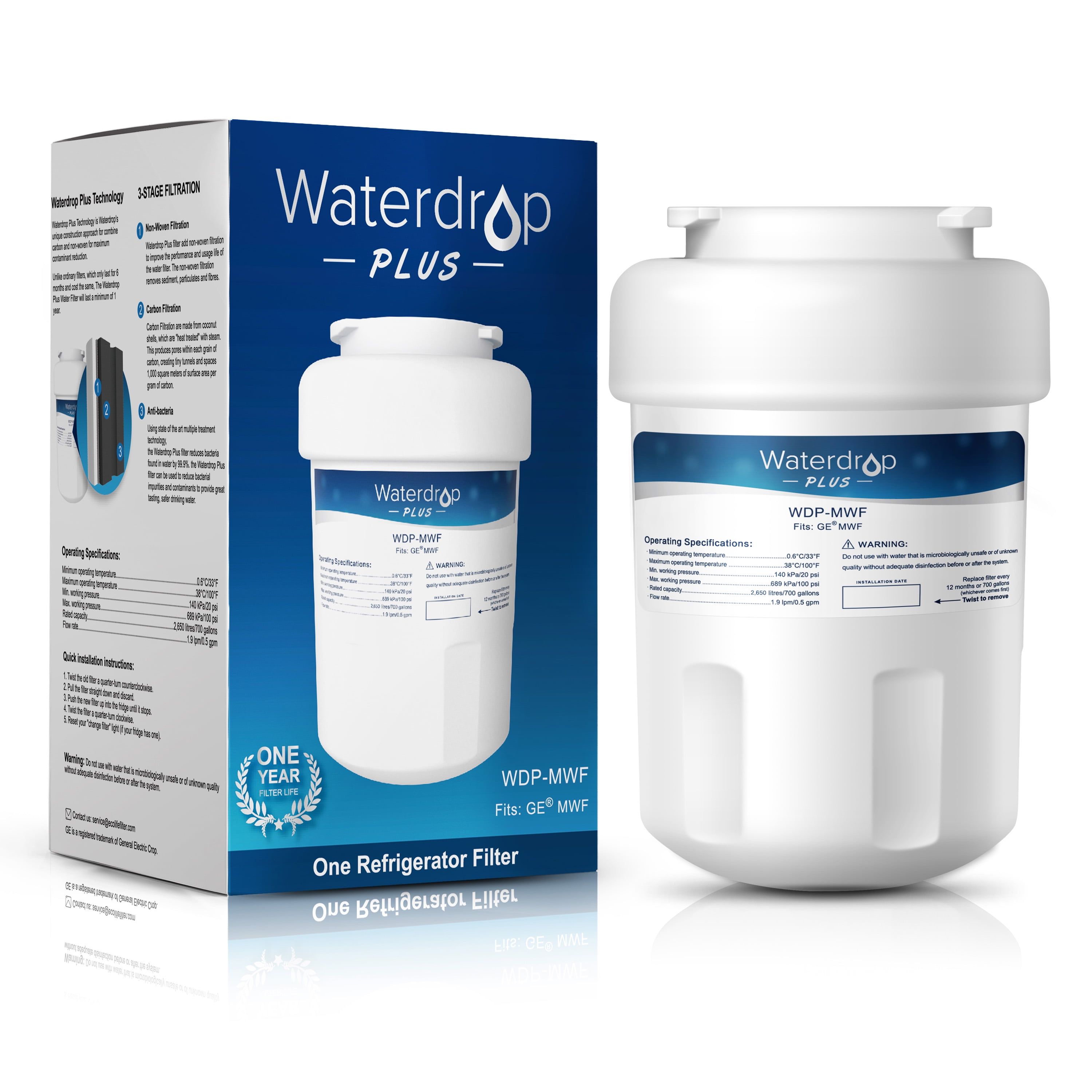 Fits GE MWF SmartWater MWFP GWF Comparable Refrigerator Water Filter 