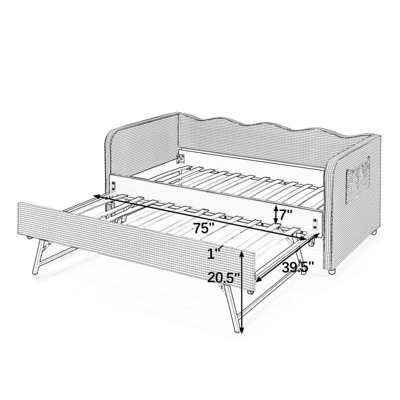Full Size Daybed with Pop Up Trundle, Gingham Twin to King Daybed with Side Storage Pockets, Upholstered Sofa Bed Frame for Living Room Bedroom, No Box Spring Needed
