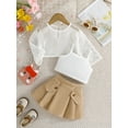 thumbnail image 2 of Bagilaanoe 3Pcs Toddler Baby Girls Summer Clothes Long Sleeve Hollow Tops + Sleeveless Camisole + Pleated Skirt 12M 18M 24M 3T 4T 5T 6T Kids Casual Skirt Set, 2 of 7