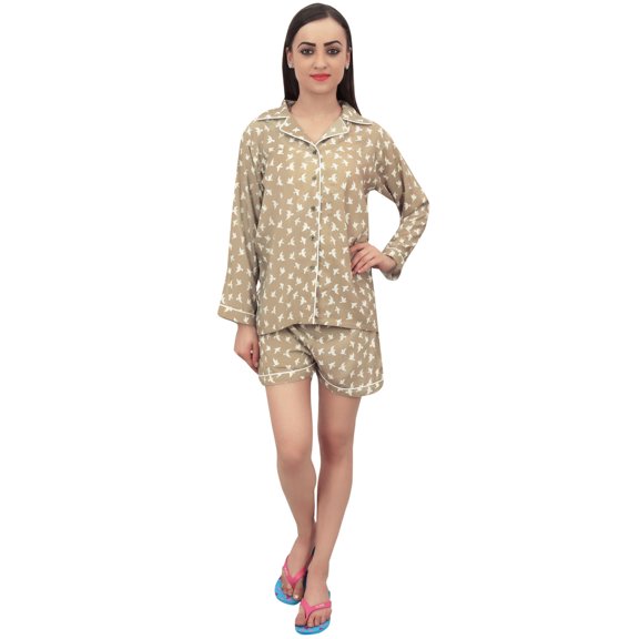 Bimba Olive Green Women Sleepwear Bird Print Shirt & Shorts 2 Pcs Nightwear - 4
