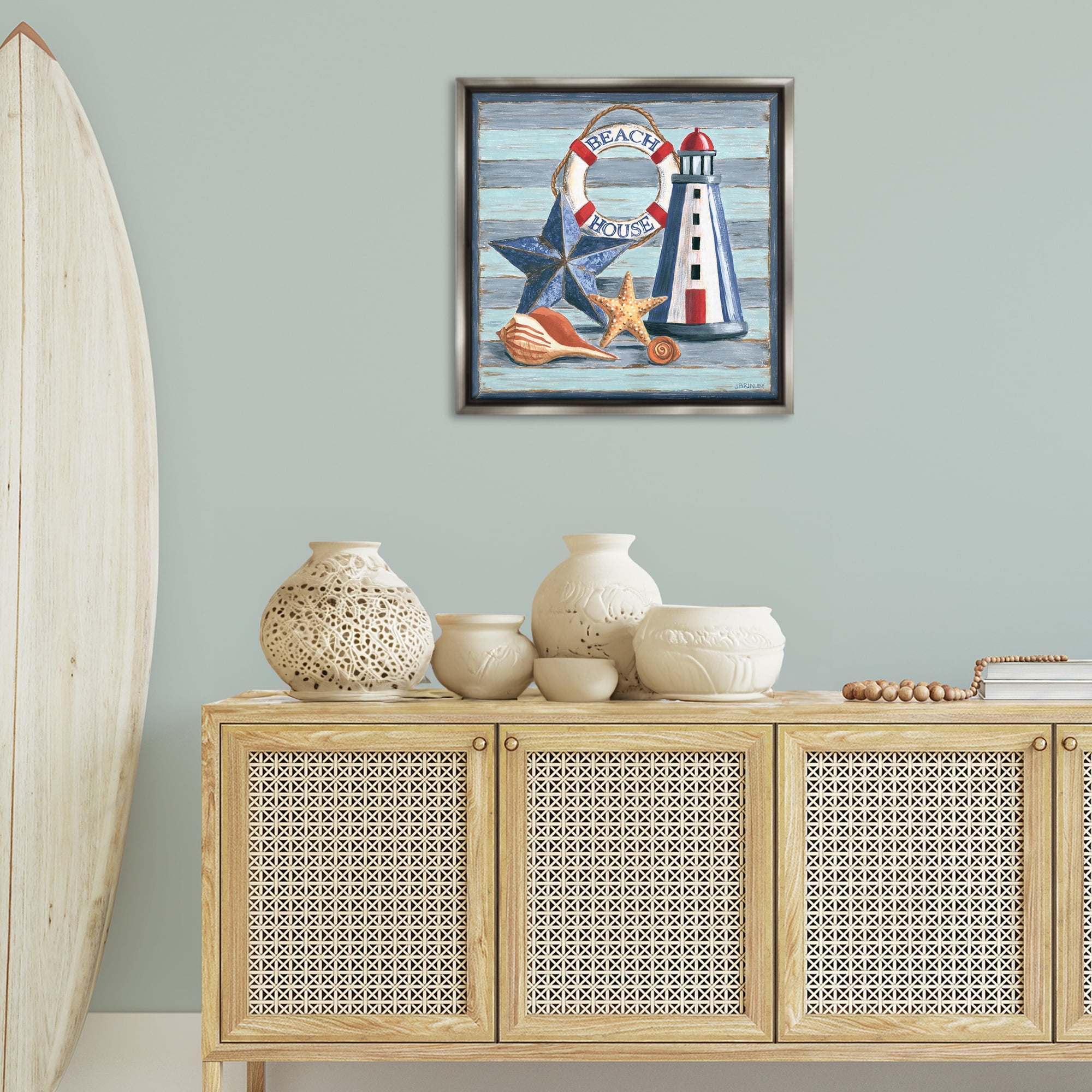 Stupell Industries Rustic Beach House on Stripes Nautical & Beach Painting Gray Floater Framed Canvas Art Print Wall Art, 25 x 25