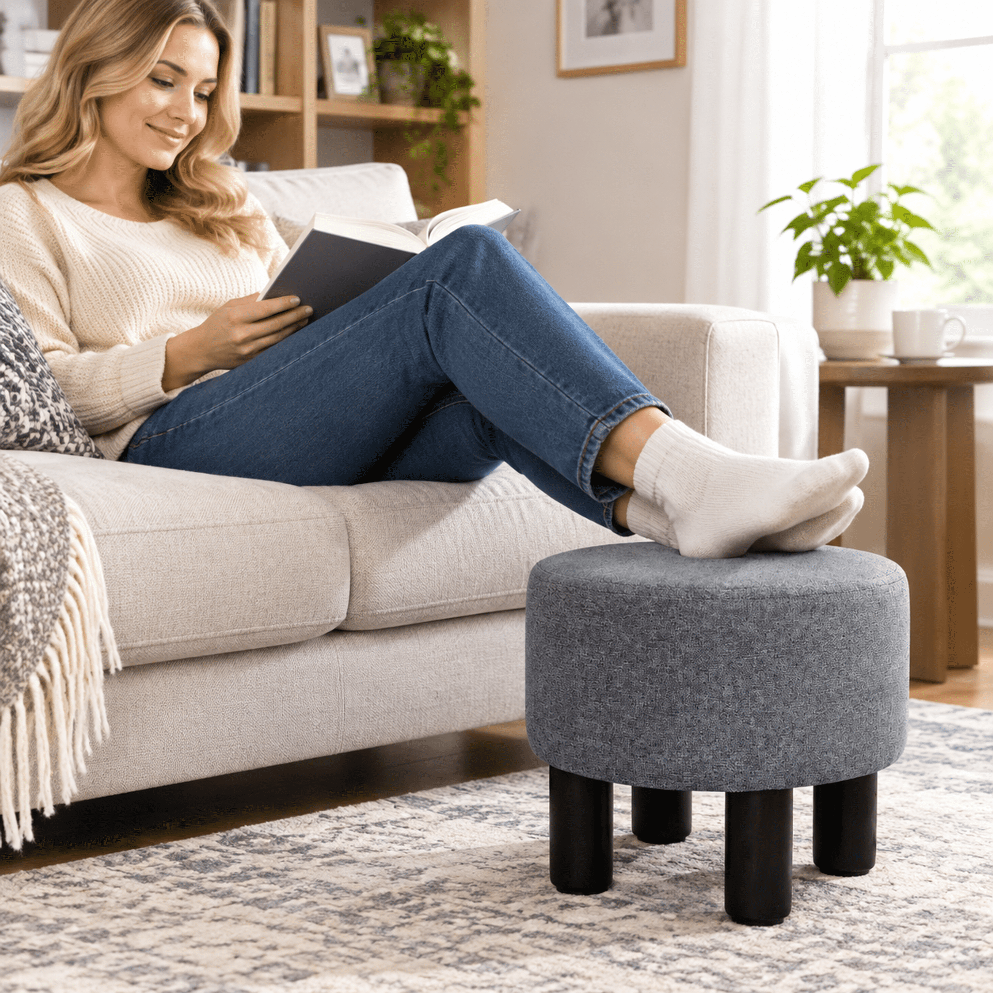Round Linen Ottoman Foot Stool, Padded Footrest with Non-Skid Pine Legs, Soft Step Stool for Couch, Desk, Dorm, Office, Hallway Dark Grey
