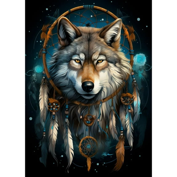 Wolf with Feather Garland DIY 5D Diamond Art Paint with Full Drill Round Diamond Gems Painting by Number Kits for Adults Art Craft Home Wall Decoration 11.8x15.8in