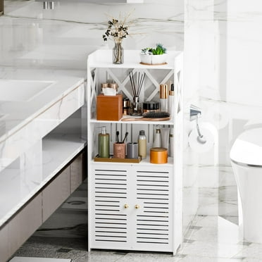PinkSheep Bathroom Floor Storage Cabinet, 4 Tier Free Standing Shelving Unit Organizer Stand with 2 Doors 4 Shelves for Small Spaces, White