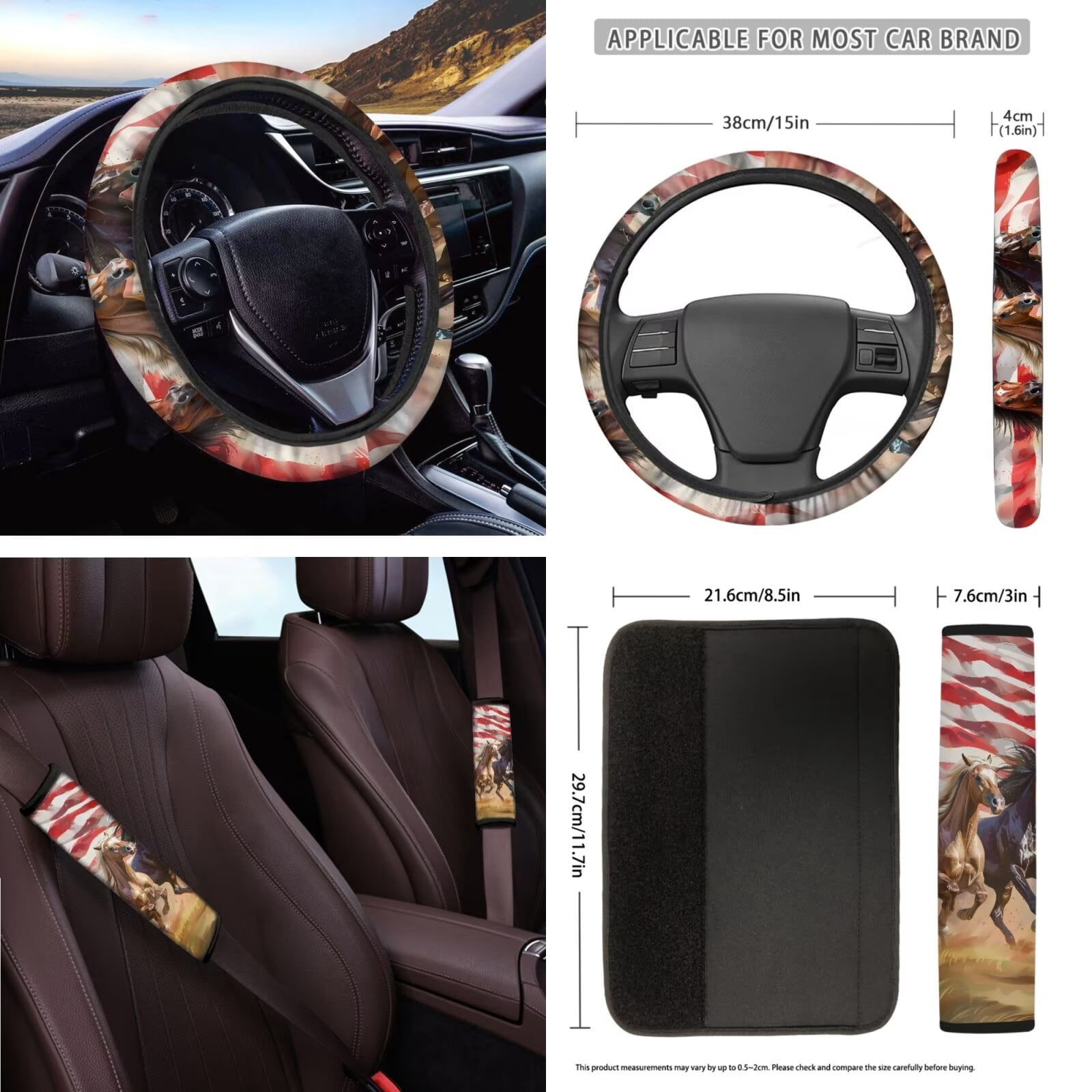 Garronmavis American Flag Running Horse Car Seat Cover Full Set 16 Pieces Car Seat Belt Covers Keychain Holder Gear Shifting Knob Cup Mats Windshield Sun Shade