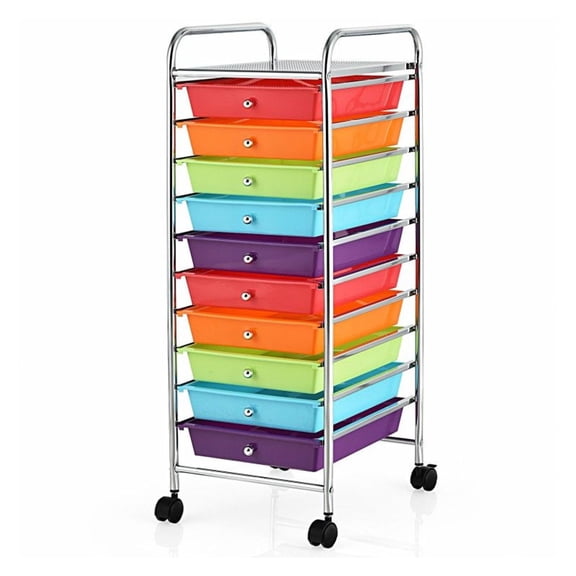 Rolling Cart Organizer 10 Drawer, Utility Cart with Wheels, Mobile Storage Cart for Home, Office, School - White Frame, Multicolor Drawers