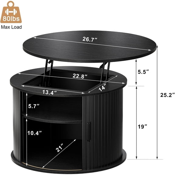 Round Lift Top Coffee Table with Fluted Wood Accent, Hidden Storage and Rolling Door for Living Room, Black
