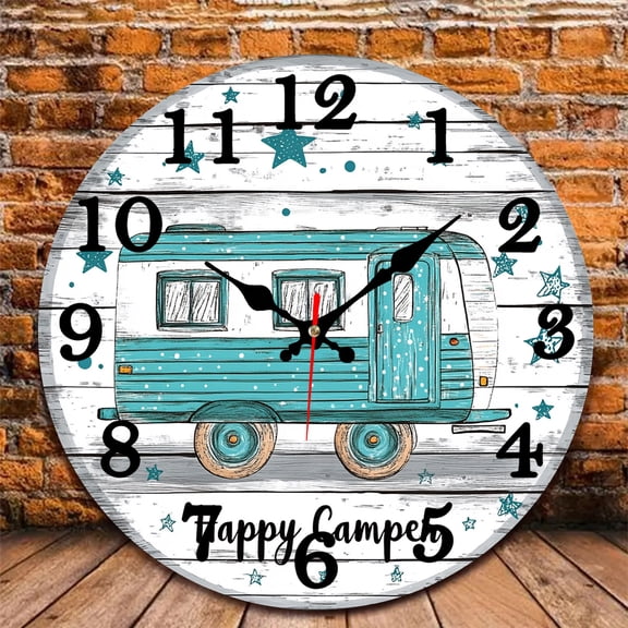 12 Inch Wall Clock, Happy Camper Clock Wooden Round Wall Clocks with Silent Non-Ticking Quartz Movement, Battery Operated, Art Decor Hanging Clock for Kitchen, Bathroom, Bedroom, Living Room
