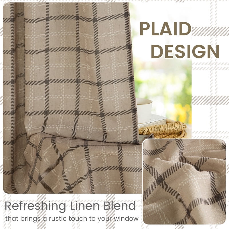 NICETOWN Linen Plaid Curtains for Living Room, Check Light Filtering Privacy Semi Sheer Linen Curtains Rod Pocket Back Tab Farmhouse Country Style Drapes, Light Greige, 52"x84", 2 Panels