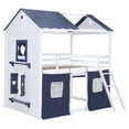 thumbnail image 5 of CHAMPFLAG Twin Over Twin Bunk Bed with Cottage Play Tent, Blue & White House Design, Solid Wood Construction, Space Efficient Loft Bed with Windows, 5 of 10