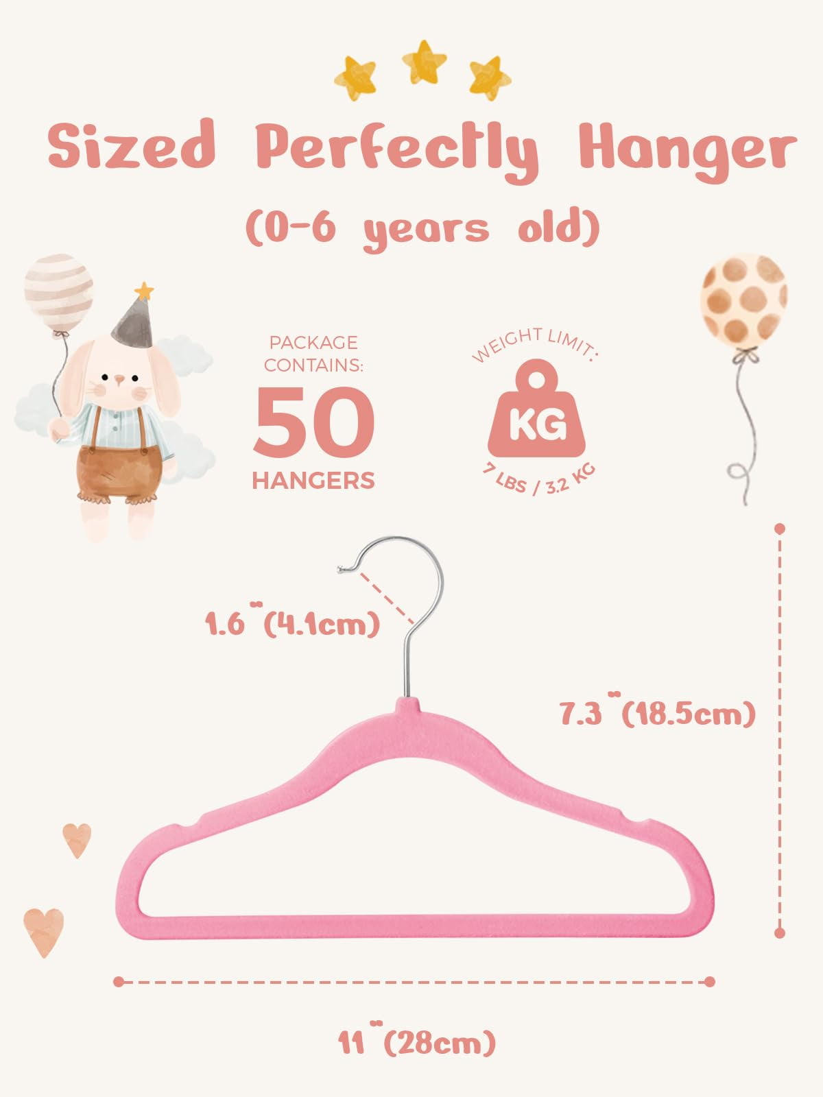 Cozymood 50 Pack Velvet Kids Hangers 11 inch Baby Felt Hangers Space-Saving Thin Design Baby to Toddler Clothes Organizer, Pink