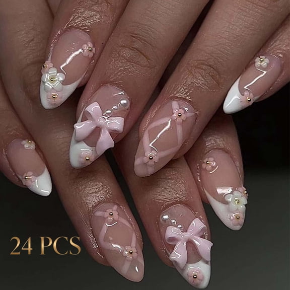 French Tip Press-On Nails, Almond,multicolor,Short, 24 Count
