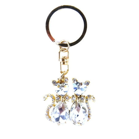 Gold Silver Keychain - Gold and Crystal Gemstone Two Cat Stylish Keychain / Keyring