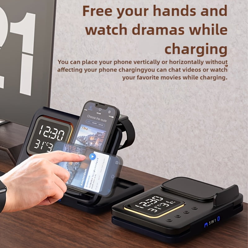 5 in 1 wireless charger, integrating night light, time and temperature display and ambient light, compatible with Apple mobile phones and watches, providing convenient charging.