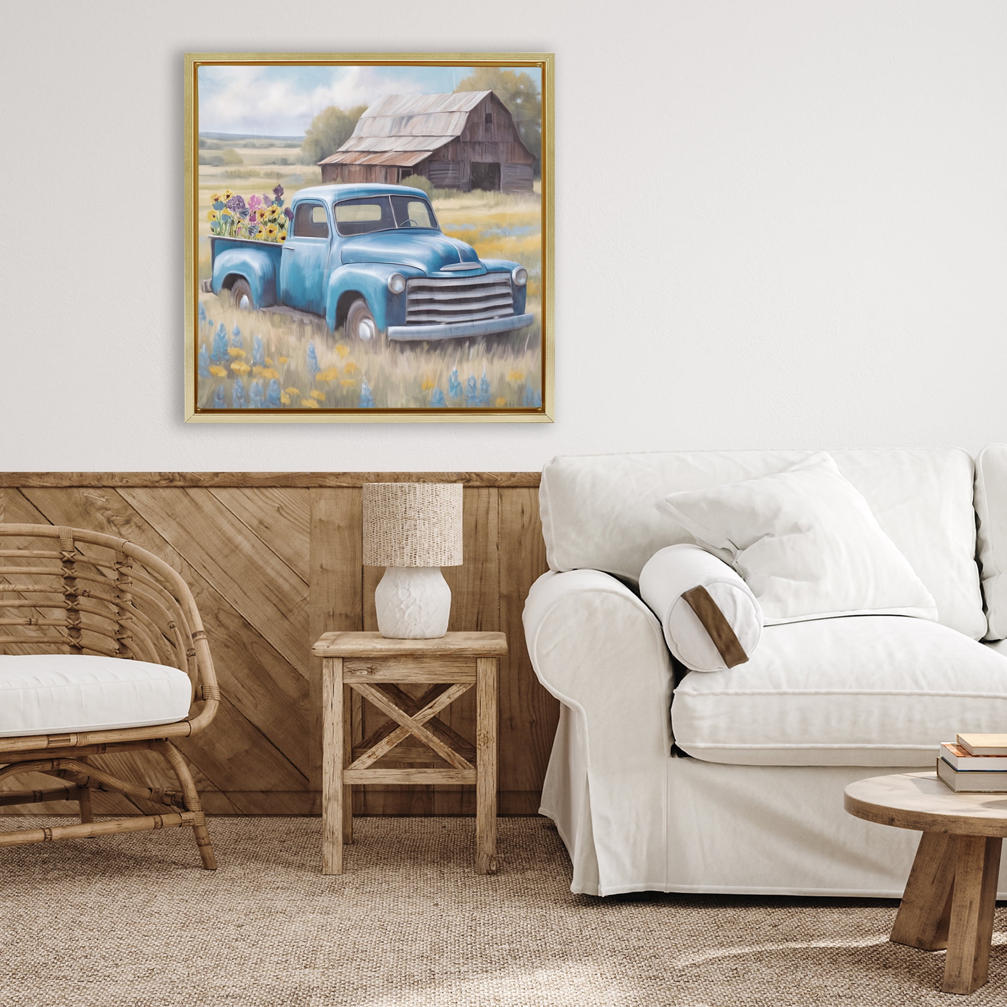 Stupell Industries Flower Truck in Antique Blue Gold Framed Floater Canvas Wall Art, design by Kim Allen