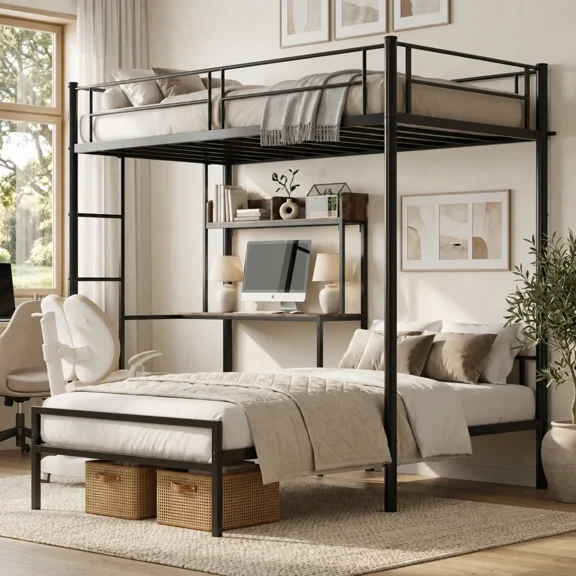 Bunk Bed Twin Over Twin L-Shaped with Desk, Charging Station, Storage Shelves & Bookcase, Space-Saving Metal Loft Bed for Teens, College Dorm, Small Room, Black