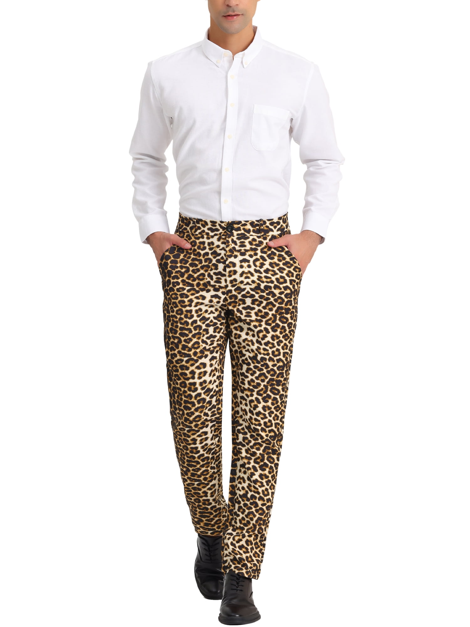 Unique Bargains Men's Animal Printed Flat Front Zipper Closure Party Prom Dress Pants 34 Leopard Print