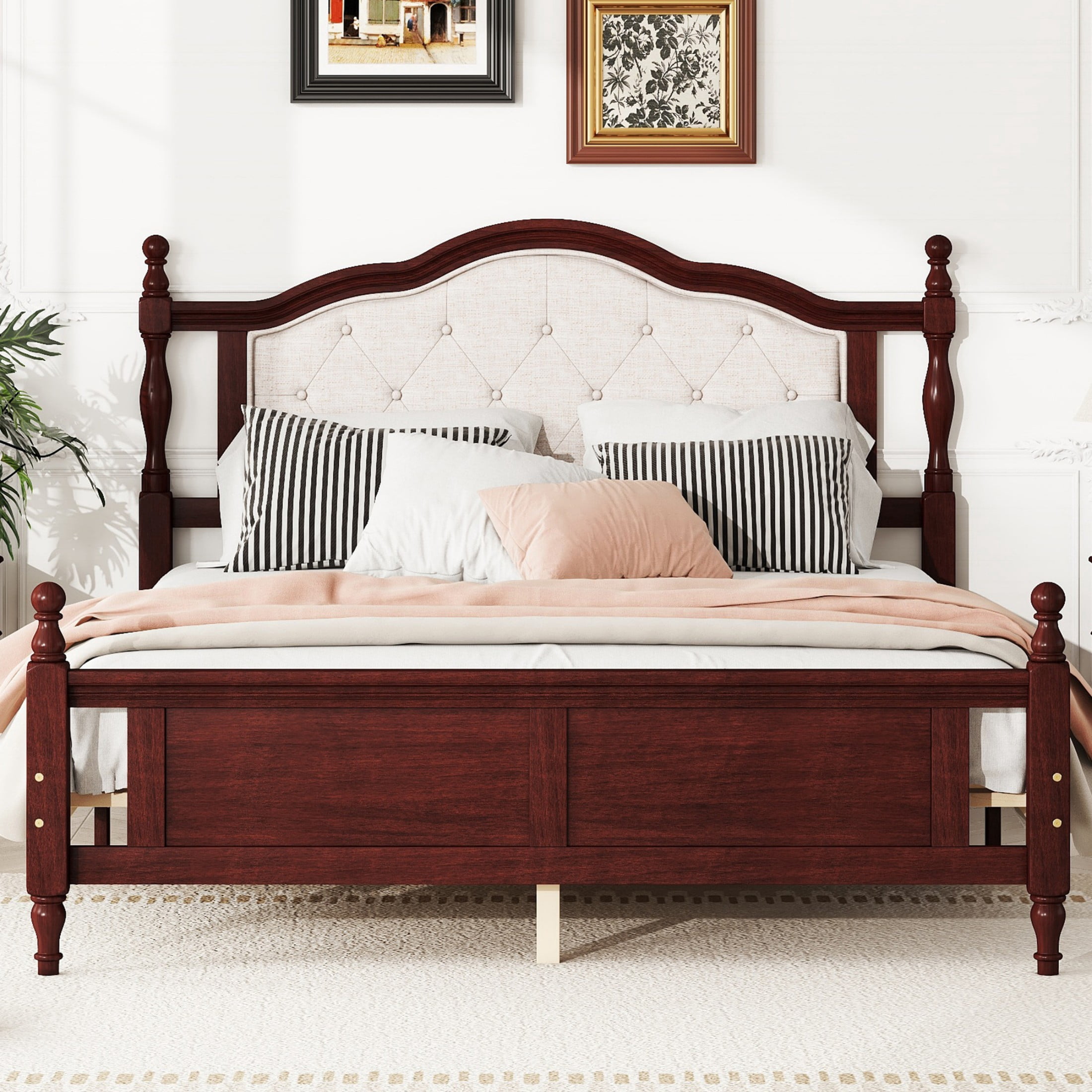 Alvantor Queen Size Bed Frame with Upholstered Headboard & Panel Footboard in Pine Wood, Classic Cherry