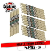 24 Pairs of Select Elite Maple Wood Drum Sticks by GRIFFIN Attack Zzzap - Size 5A Premium Balanced, Level and Straight - Drummers Percussion Classic Pure Grit Uncoated, Raw Wood Drumming Sticks