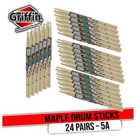 24 Pairs of Select Elite Maple Wood Drum Sticks by GRIFFIN Attack Zzzap - Size 5A Premium Balanced, Level and Straight - Drummers Percussion Classic Pure Grit Uncoated, Raw Wood Drumming Sticks