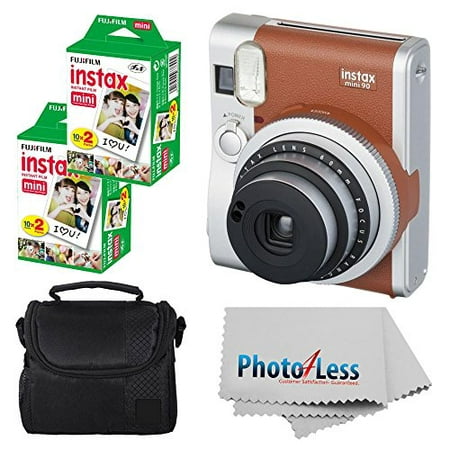 Fujifilm INSTAX Mini 90 Neo Classic Instant Camera (Brown) With 2x Fujifilm Instax Mini 20 Pack Instant Film (40 Shots) + Compact Camera Case + Cleaning