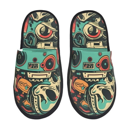

Disketp Retro Pop Art Collage Fuzzy House Memory Foam Slippers Furry Fur Lined Bedroom Shoes Cozy Indoor-Medium