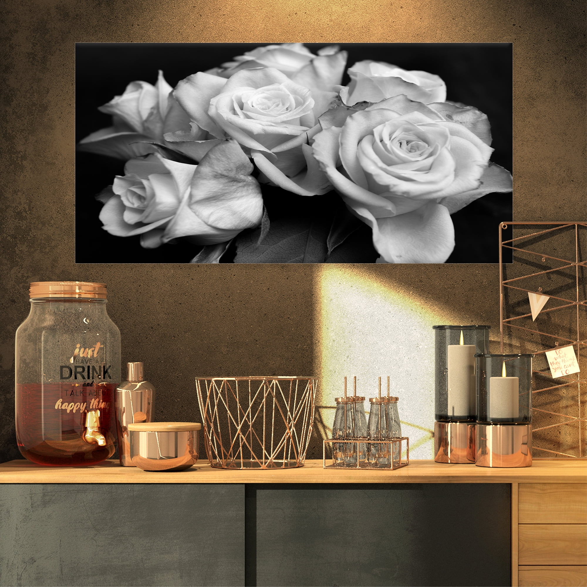 Designart 'Bunch of Roses Black and White ' Floral Art Canvas Print