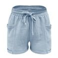 thumbnail image 4 of vigerkar 2025 Summer Linen Shorts for Women with Pockets Plus Size Casual Comfy Elastic Waist Drawstring Lightweight Shorts Blue, XXL, 4 of 5