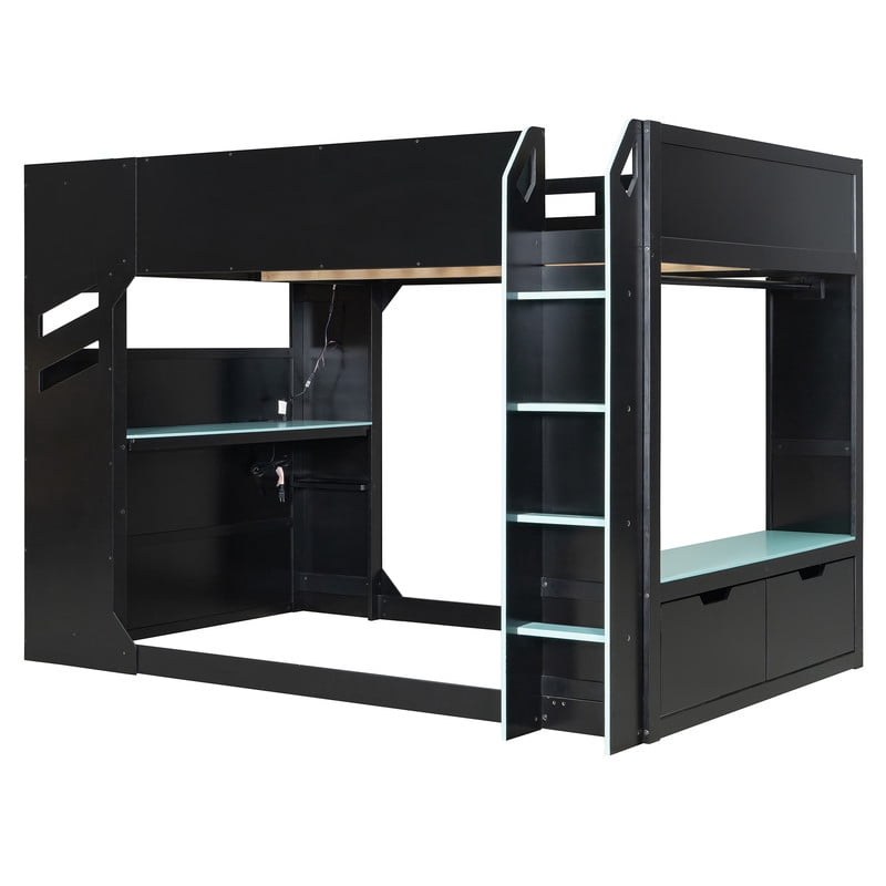 Full Size Wood Loft Bed with Height Adjustable Desk, RGB LED Lights & Storage Drawers, Gaming Loft Bed Frame with Headboard Cabinet, Hanging Rod for Bedroom