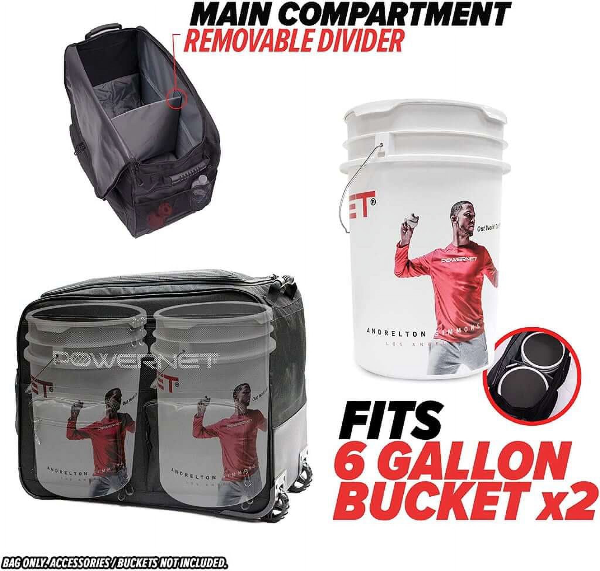 PowerNet Bucket Bag Baseball Coach Bag with Wheels, Carry Case for Launch F-lite Pitching Machine, Holds Two 6 Gallon Bucket of Baseballs & Softballs