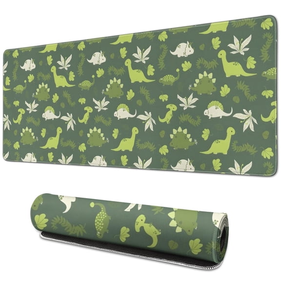 Long Mouse Pads for Desk,DarkGreen Cartoon Dinosaurs Plants Desk Mats on Top Of Desks, Desk Mouse Pad Extra Large with 3mm Non-Slip Base and Stitched Edge for Gaming,Work,Home 31.5"x11.8"