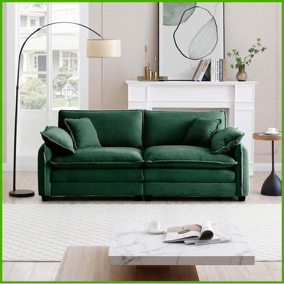 Retro-Modern 2-Seater Green Corduroy Sofa with 4 Pillows - Deep Seat for Living Room | Green | Corduroy | Cushion Back