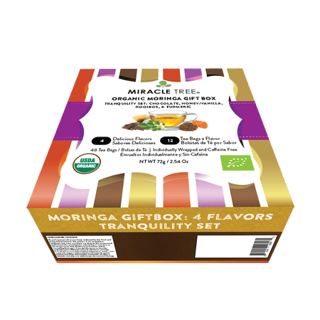 Miracle Tree - Gift Box with Organic Moringa Superfood Tea, 48 Individually Sealed Tea Bags (4 Flavors: Chocolate, Honey/Vanilla, Rooibos, Turmeric) - Tranquility Combo