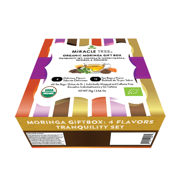 Miracle Tree - Gift Box with Organic Moringa Superfood Tea, 48 Individually Sealed Tea Bags (4 Flavors: Chocolate, Honey/Vanilla, Rooibos, Turmeric) - Tranquility Combo