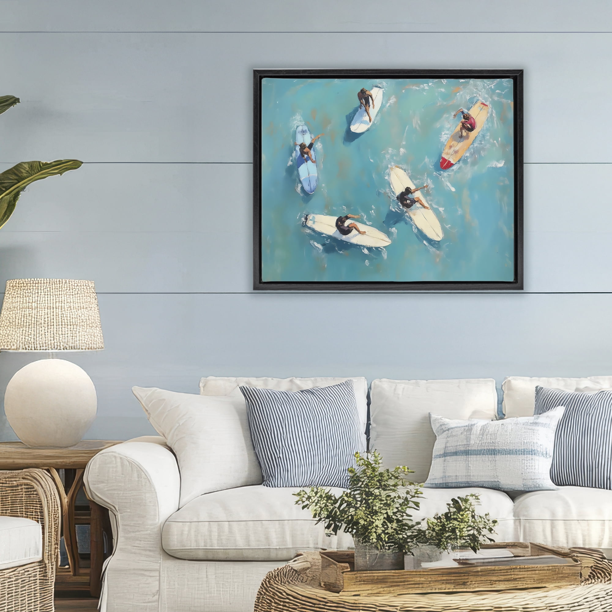Stupell Industries Group of Surfers at Sea Black Framed Floater Canvas Wall Art, design by LSR Design Studio