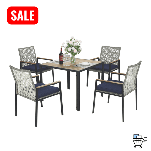 Tcbosik 5 Piece Outdoor Dining Set with 2.44" Umbrella Hole, 35.4" Square Bistro Table with Wood Top, 4 Rattan Chairs with Cushion, Patio Furniture Set for Garden, Balcony, Porch, Light Gray
