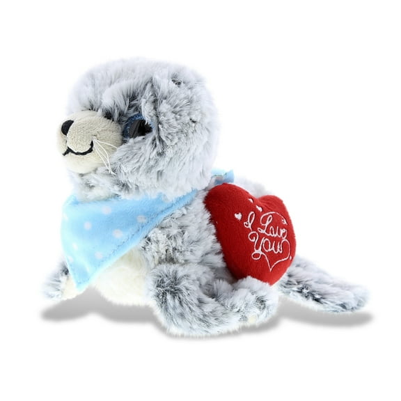 DolliBu I LOVE YOU Big Eyes Gray Sea Lion Plush - Cute Stuffed Animal with Heart for Valentines, Anniversary, Romantic Date, Boyfriend, or Girlfriend Gift - 6 Inches