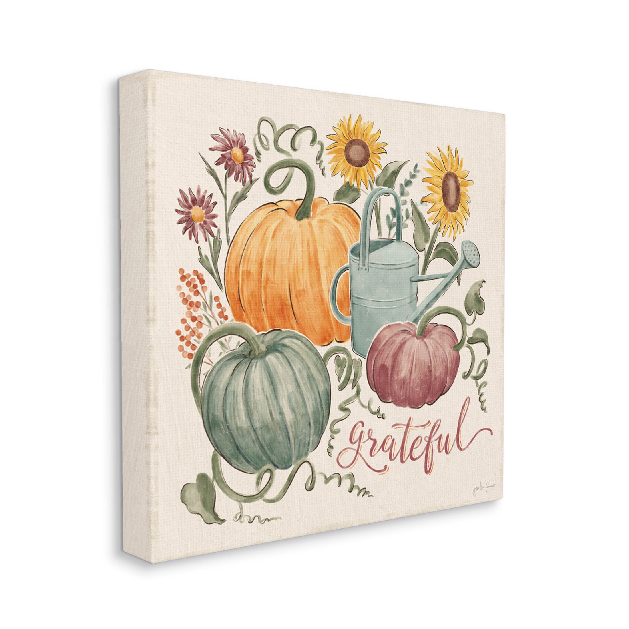 Stupell Industries Grateful Floral Fall Pumpkins Graphic Art Gallery Wrapped Canvas Print Wall Art, Design by Janelle Penner