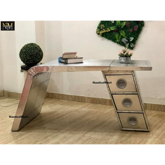 NauticalMart Aviator Wing Desk Aluminium Table Home Office Aviator Furniture Decor (Three Drawer, 70 Inches)