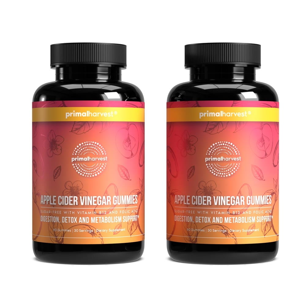 Primal Harvest Zero Sugar Apple Cider Gummies W/ Beetroot and Pomegranate to Support Immunity, Digestion and Detox 750 MG - 2 Pack 120 count Gummies