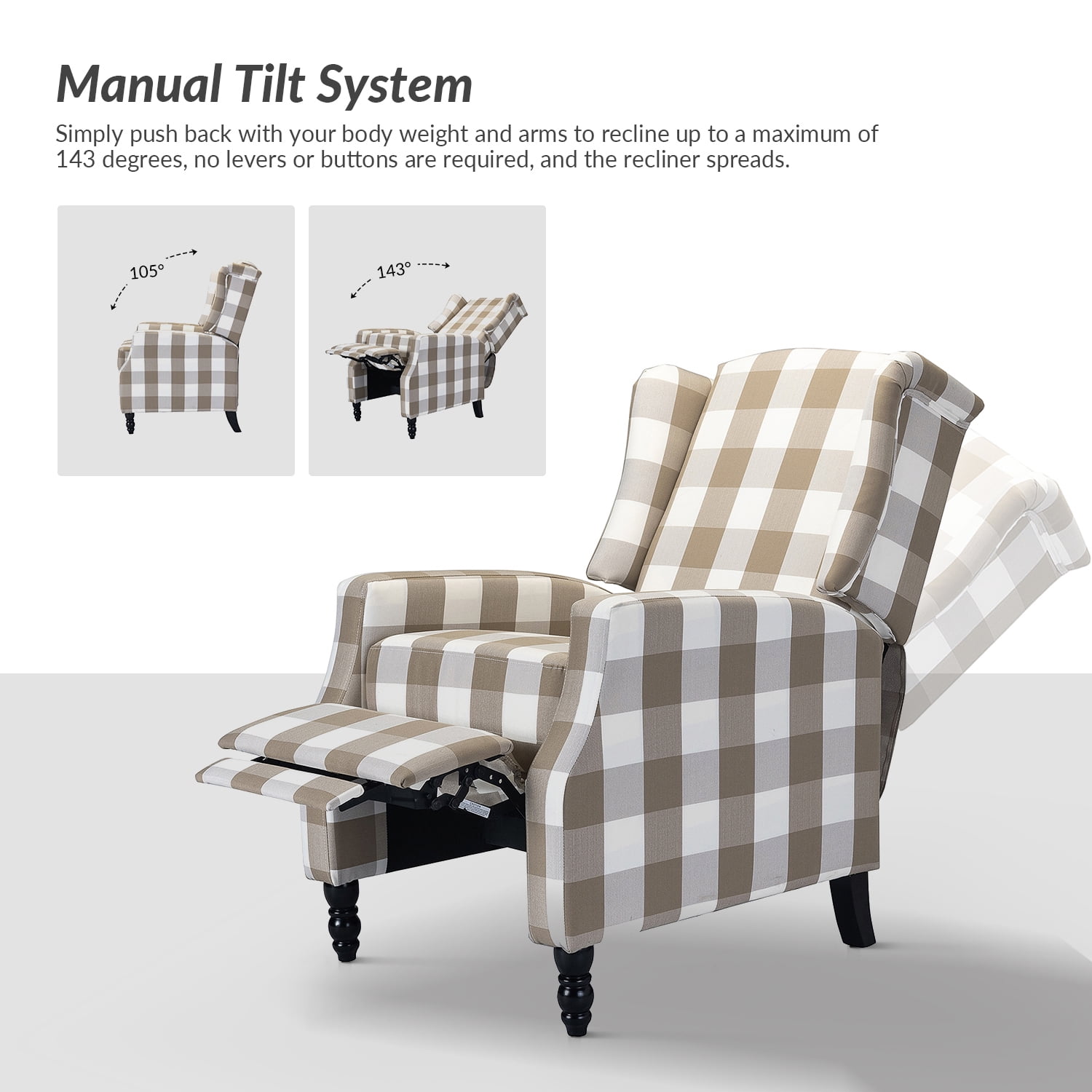 Recliners Chairs Set of 2 Push Back Upholstered Wingback Traditional Fabric Living Room Plaid Beige