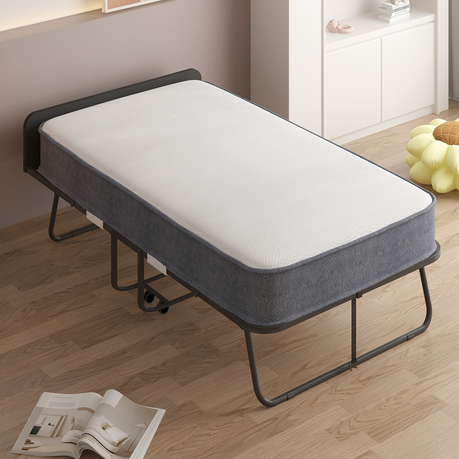 Mjkone Folding Bed with Mattress, Fold Up Bed for Small Space, Foldable Bed with Lockable Wheels