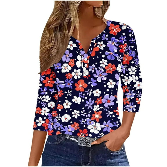 BangWanChi Womens Blouses for Work Plus Size Women's Fashion Casual Printed T-shirt 3/4 Sleeves Buttons Blouse V-Neck Casual Tops