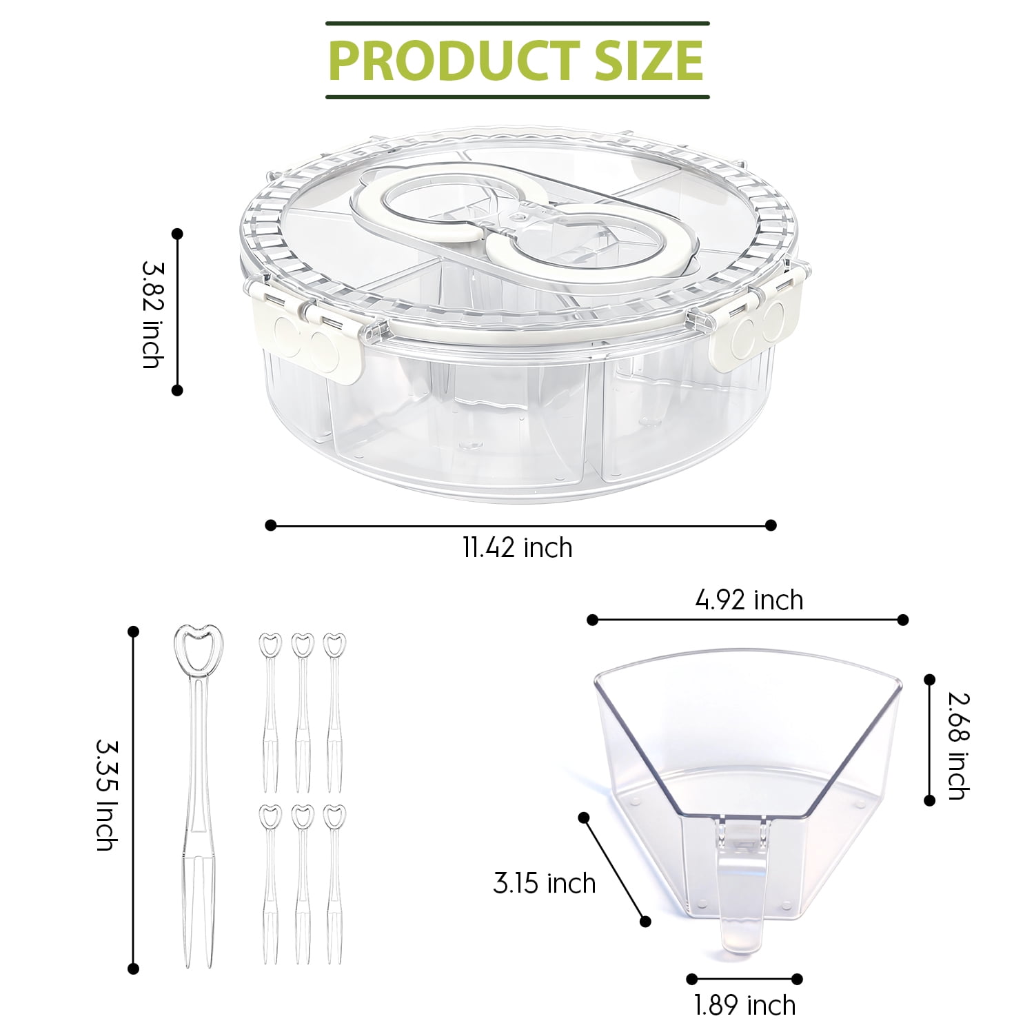 Snackle Box Container with Lid, Handle & 100 Forks, Stackable Divided Serving Tray for Fruits Candy Organizer, Portable Spinning Rounded Veggie Tray for Kitchen, Party, Travel & Picnic, 2 Pack