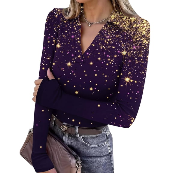 Mardi Gras Shirts for Women Carnival Sequins V Neck Tunic Tops Feathers Print Long Sleeve Novelty T Shirts Dark Purple M