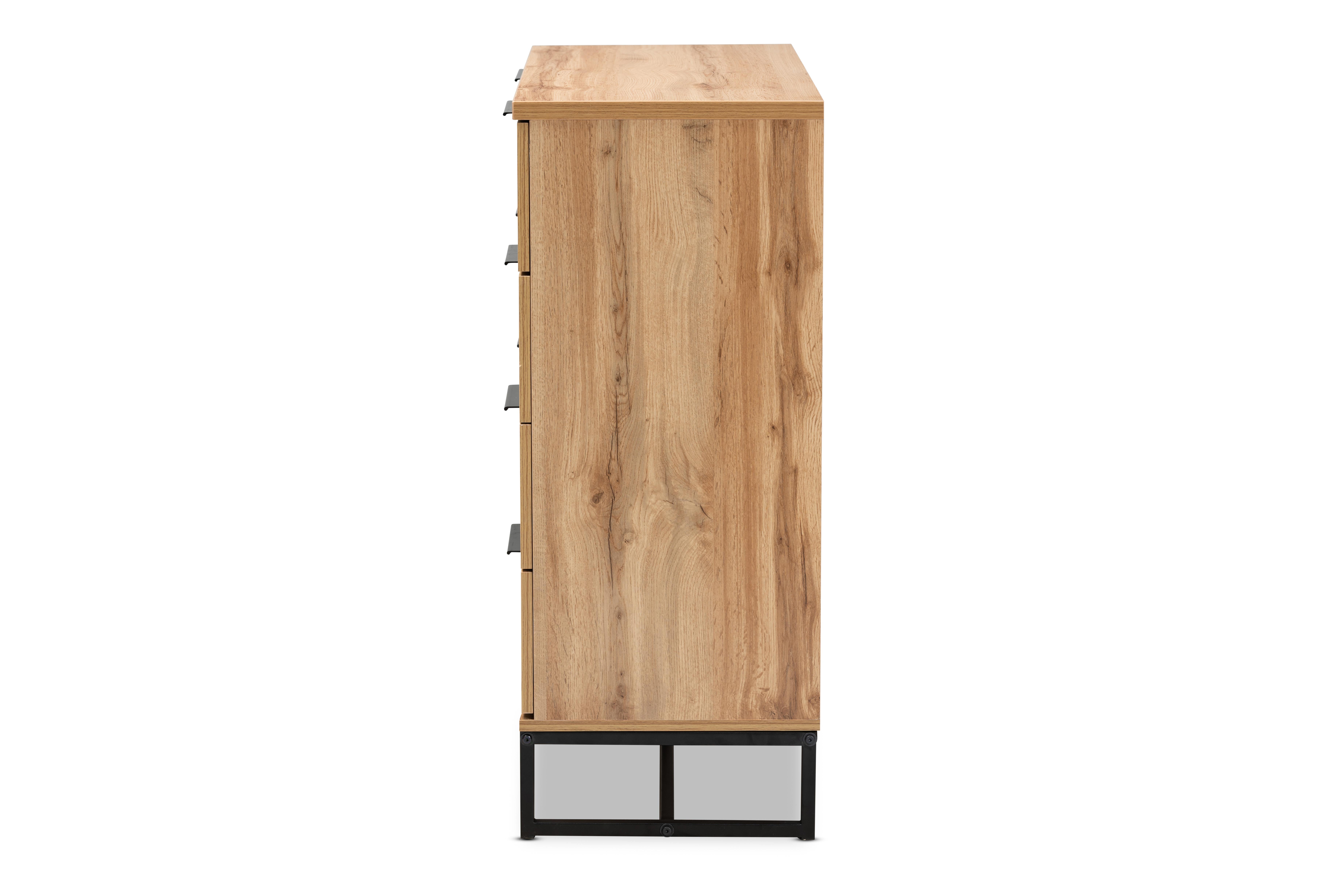 Baxton Studio Reid Modern and Contemporary Industrial Oak Finished Wood and Black Metal 4-Drawer Dresser
