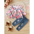 thumbnail image 3 of Mikrdoo 3 Months Baby Girls Fall Winter Outfits 6 Months Baby Girls Pant Sets Floral Print Ruffle Long Sleeve Tops Ripped Jeans Demin Pants 2Pcs Clothing 3-24M Pink, 3 of 8