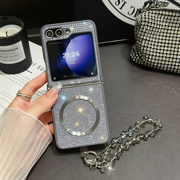 ELEHOLD Bling Magnetic Case for Samsung Galaxy Z Flip 7 2025,Full Rhinestone Crystal Glitter Magnetic Shockproof Cover for Women with Detachable Beaded Wrist Strap,Gray