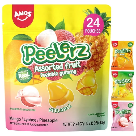 Amos Peelerz Gummy Candy Variety Pack with Mango, Lychee, Pineapple, 24 Shareable Packs - 21.45oz