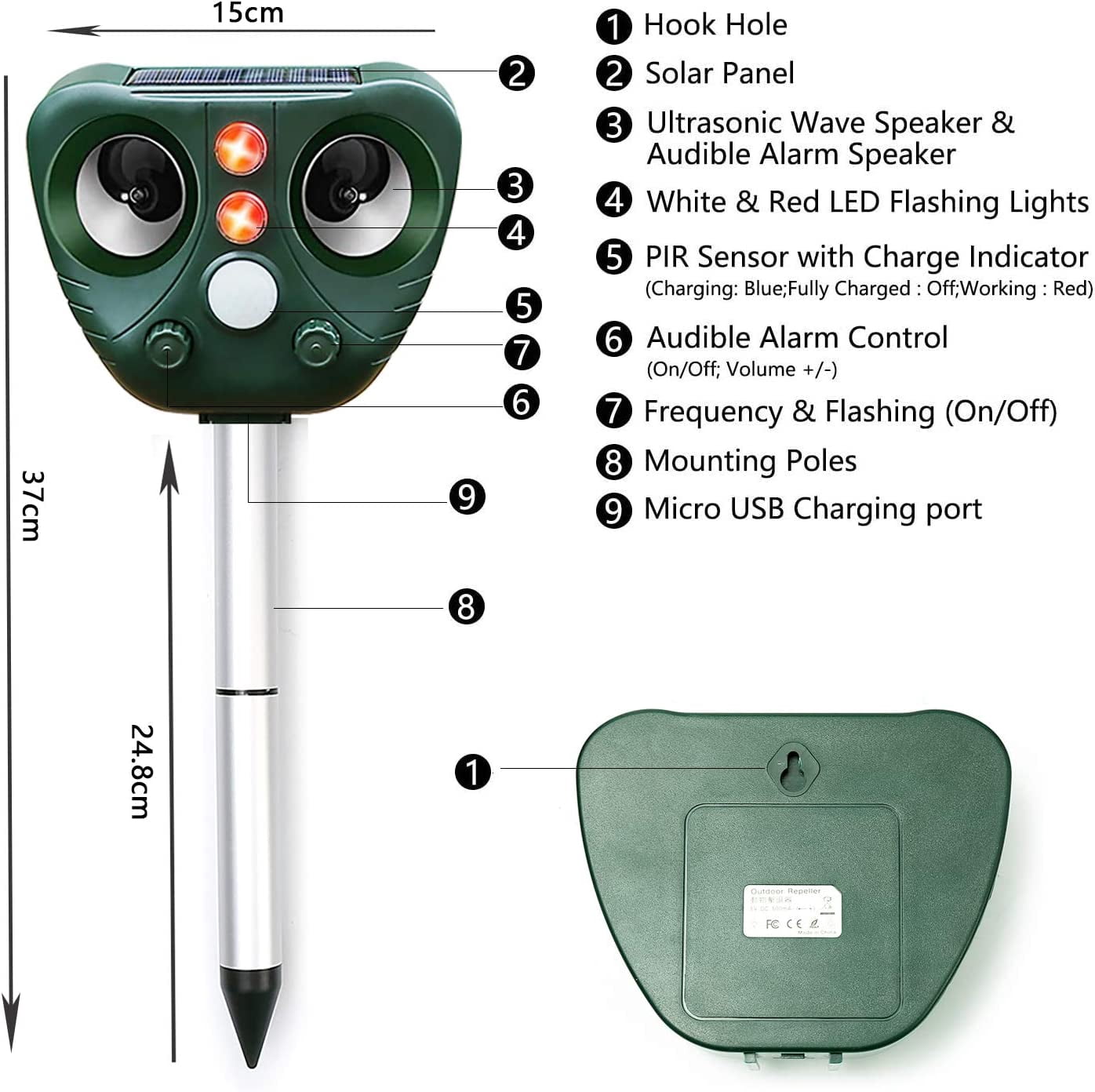 Solar Ultrasonic Animal Repeller Outdoor Cat Repellent
